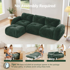 L-shaped Soft Velvet Fabric,Boneless Sofa,Tufted Design,Ergonomic Design Bottom,32D High Density Sponge,No Assembly Required Bottom,Anti-Slip Design,Movable Ottoman For Living Room,Green