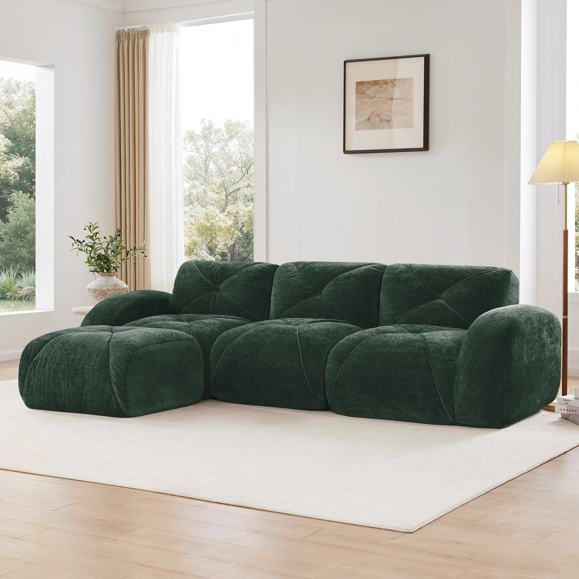 L-shaped Soft Velvet Fabric,Boneless Sofa,Tufted Design,Ergonomic Design Bottom,32D High Density Sponge,No Assembly Required Bottom,Anti-Slip Design,Movable Ottoman For Living Room,Green