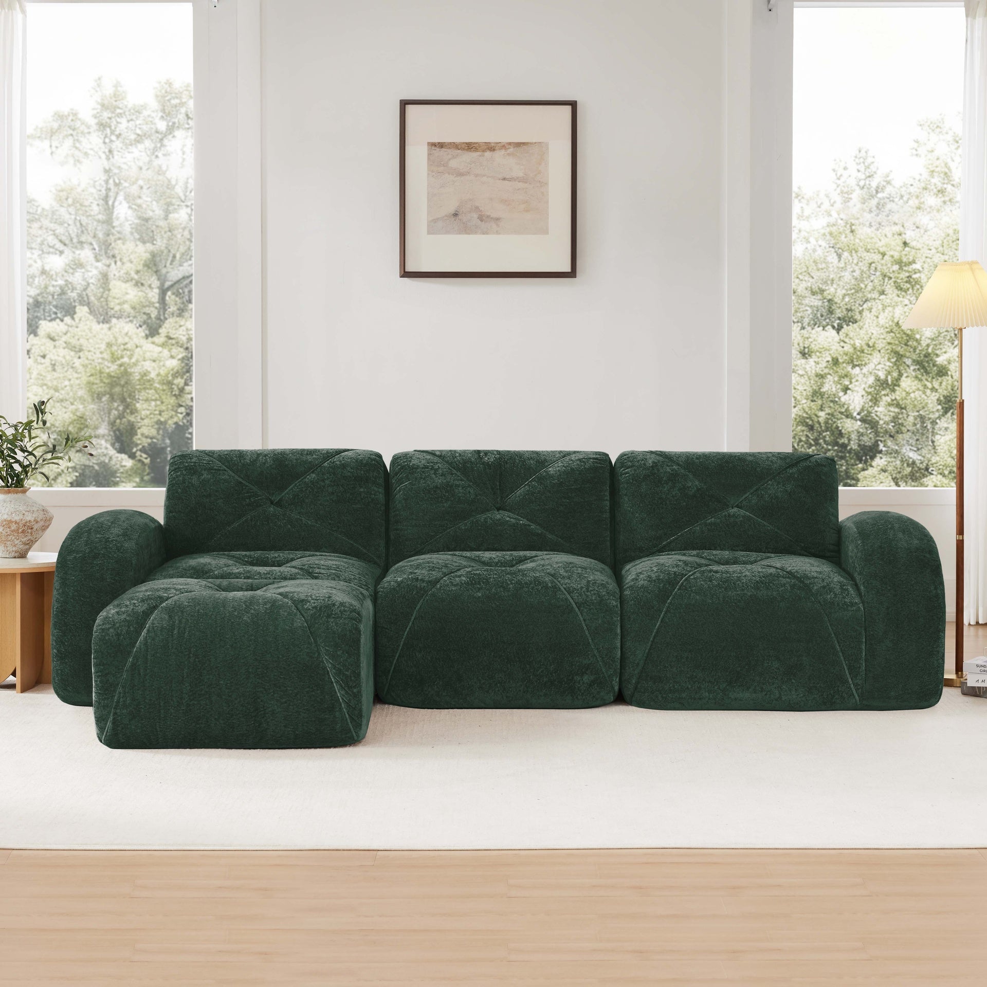 L-shaped Soft Velvet Fabric,Boneless Sofa,Tufted Design,Ergonomic Design Bottom,32D High Density Sponge,No Assembly Required Bottom,Anti-Slip Design,Movable Ottoman For Living Room,Green