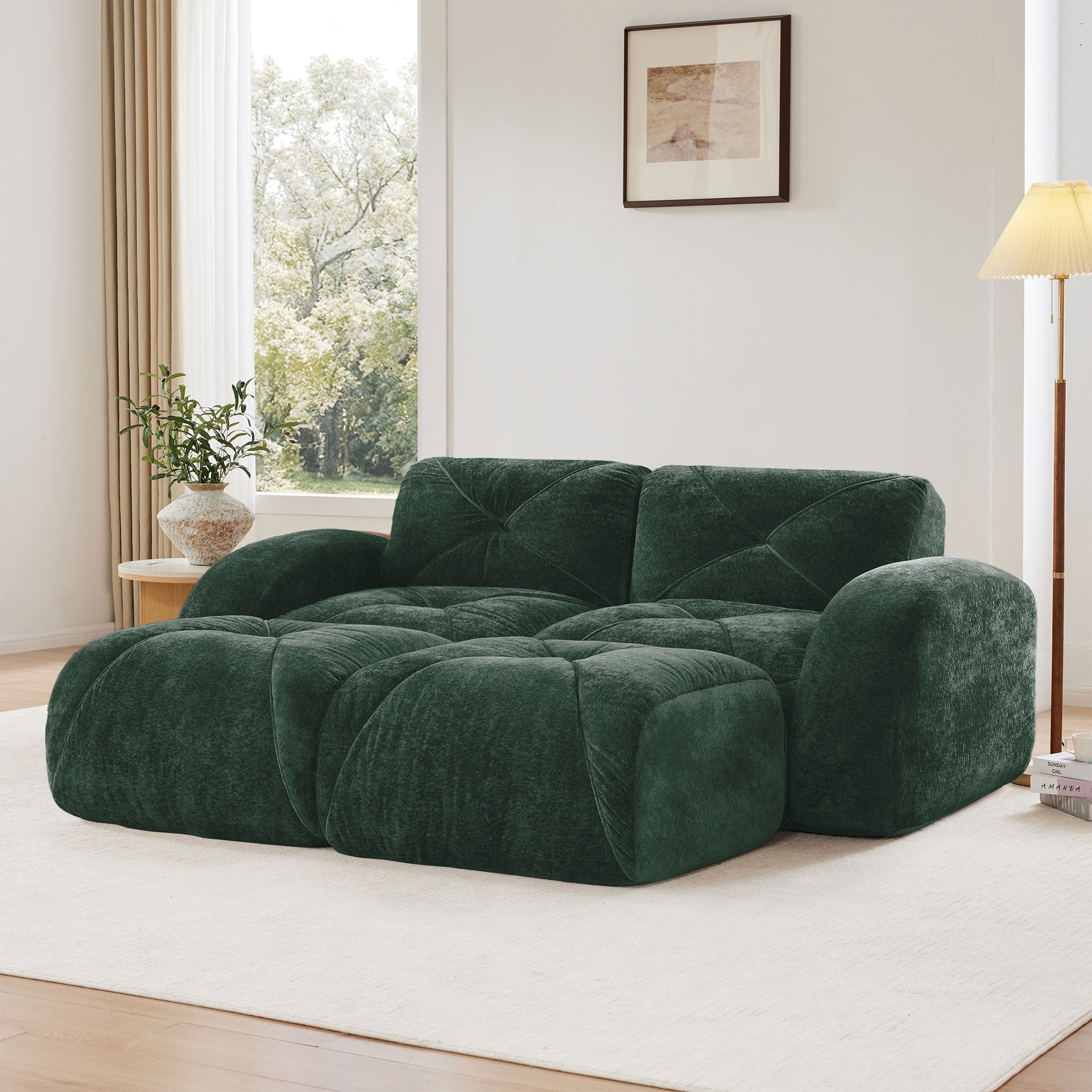 U-shaped Boneless Sofa,Soft Velvet Fabric,Tufted Design,32D High Density Sponge,No Assembly Required,Ergonomic Design Bottom, Anti-Slip Design,Movable Ottomans For Bedrooms,Green