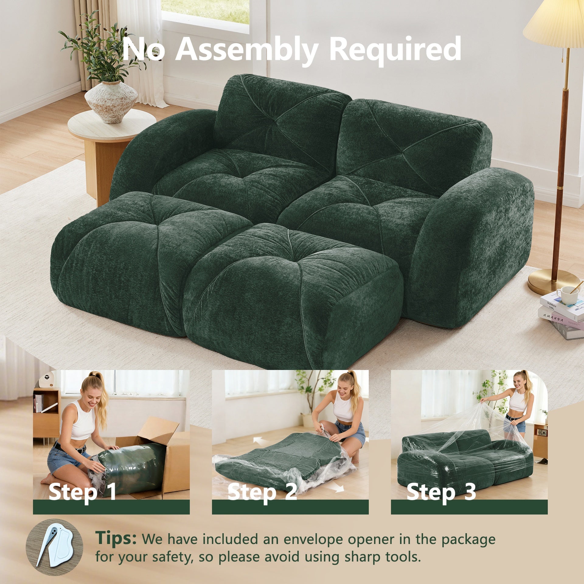 U-shaped Boneless Sofa,Soft Velvet Fabric,Tufted Design,32D High Density Sponge,No Assembly Required,Ergonomic Design Bottom, Anti-Slip Design,Movable Ottomans For Bedrooms,Green