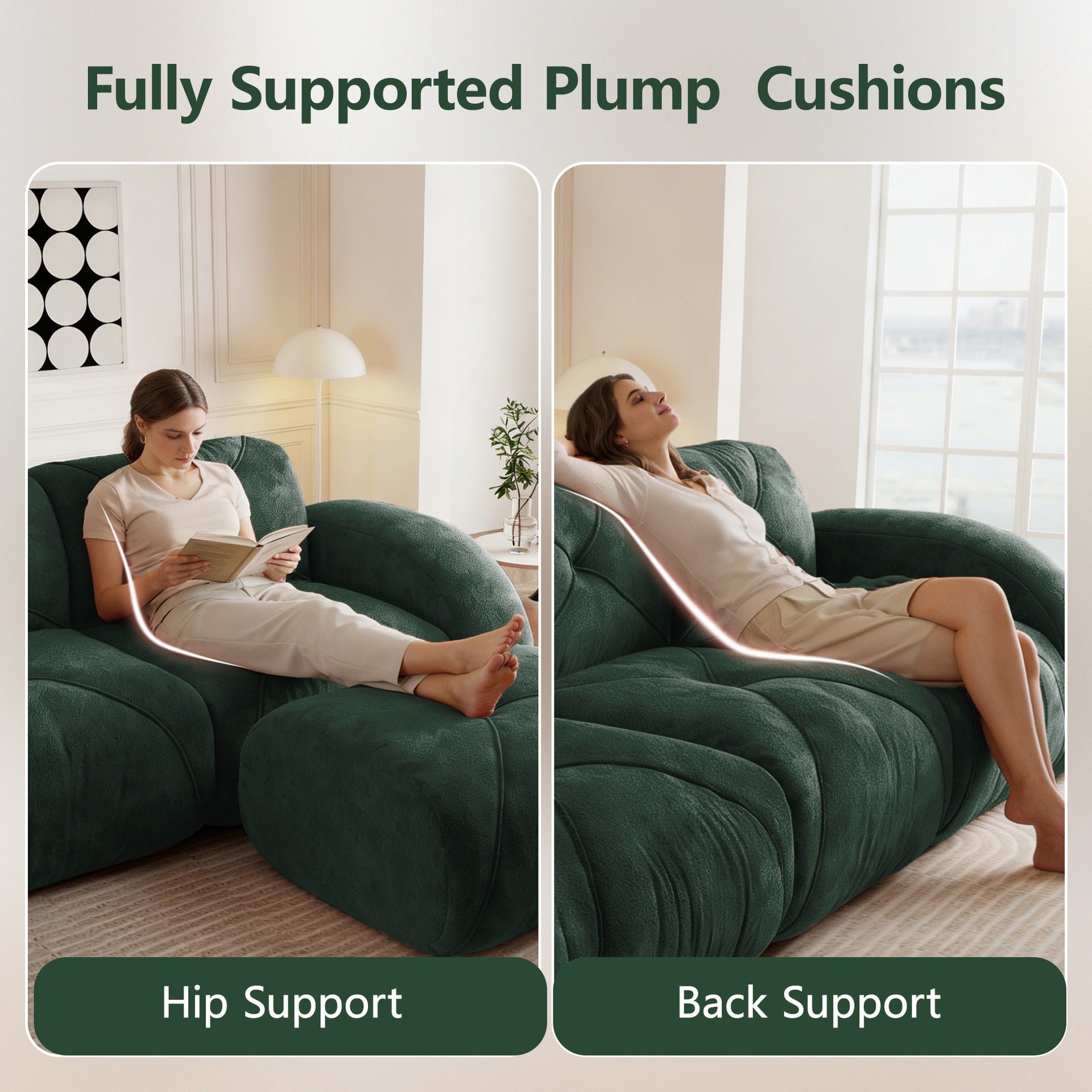 U-shaped Boneless Sofa,Soft Velvet Fabric,Tufted Design,32D High Density Sponge,No Assembly Required,Ergonomic Design Bottom, Anti-Slip Design,Movable Ottomans For Bedrooms,Green