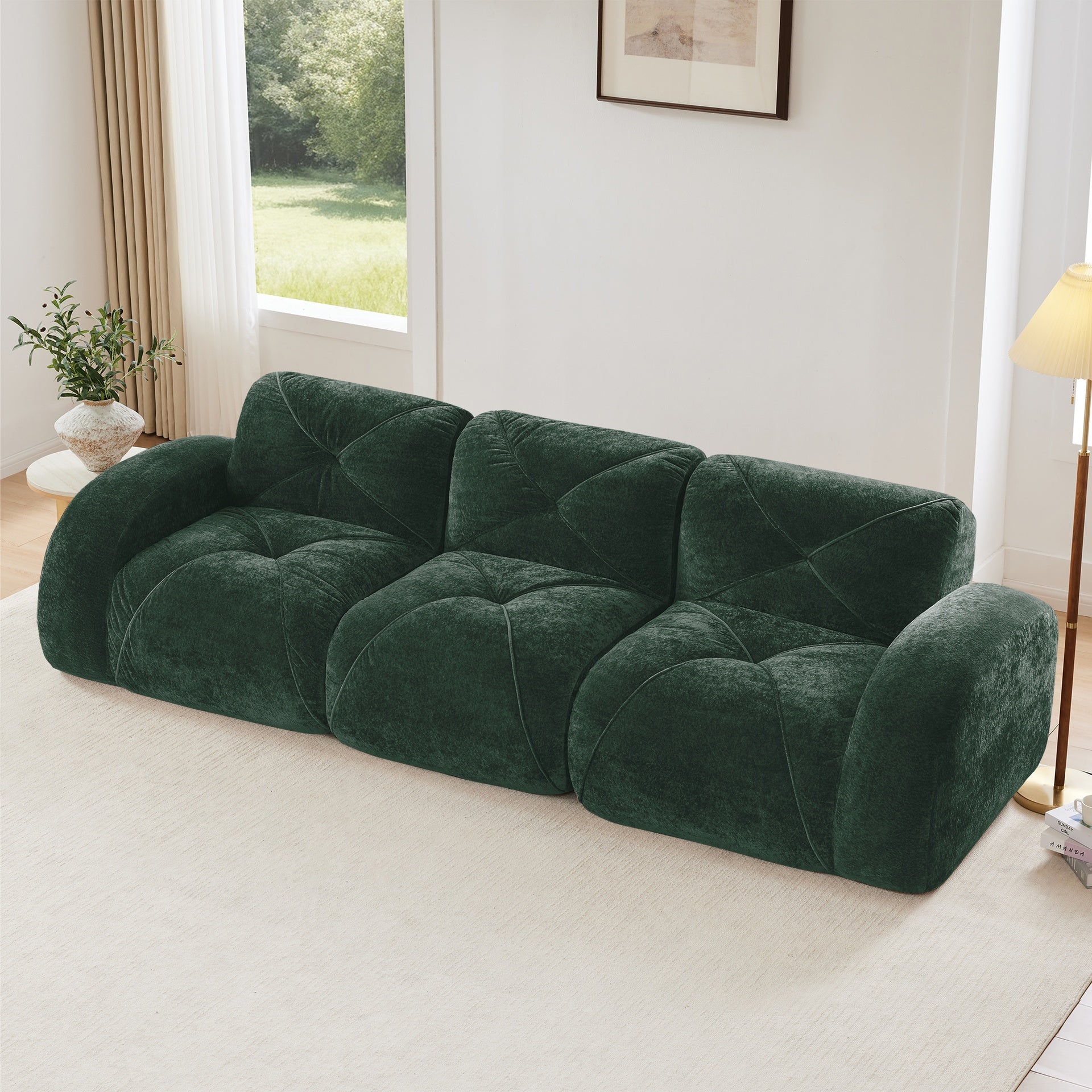 110''Boneless Sofa With Tufted,Soft Velvet  Fabric,Modular Sectional Sofa Couches,32D High Density Sponge,Anti-Slip Design,Ergonomic Design Bottom,No Assembly Required,For Study,Home Theater,Green