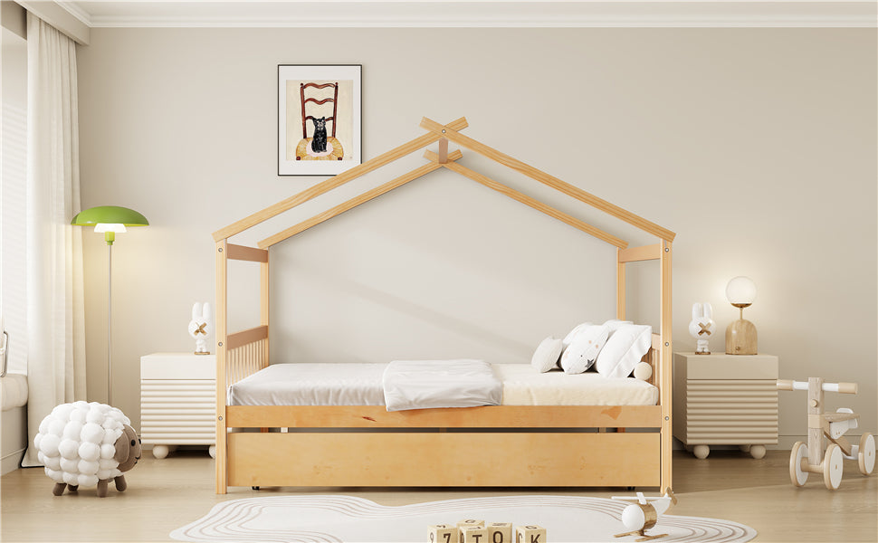 Full Size Wooden House Bed with Twin Size Trundle, , Natural(OLD SKU:LP000305AAN)