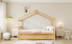 Full Size Wooden House Bed with Twin Size Trundle, , Natural(OLD SKU:LP000305AAN)