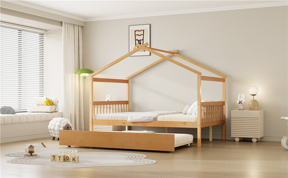 Full Size Wooden House Bed with Twin Size Trundle, , Natural(OLD SKU:LP000305AAN)