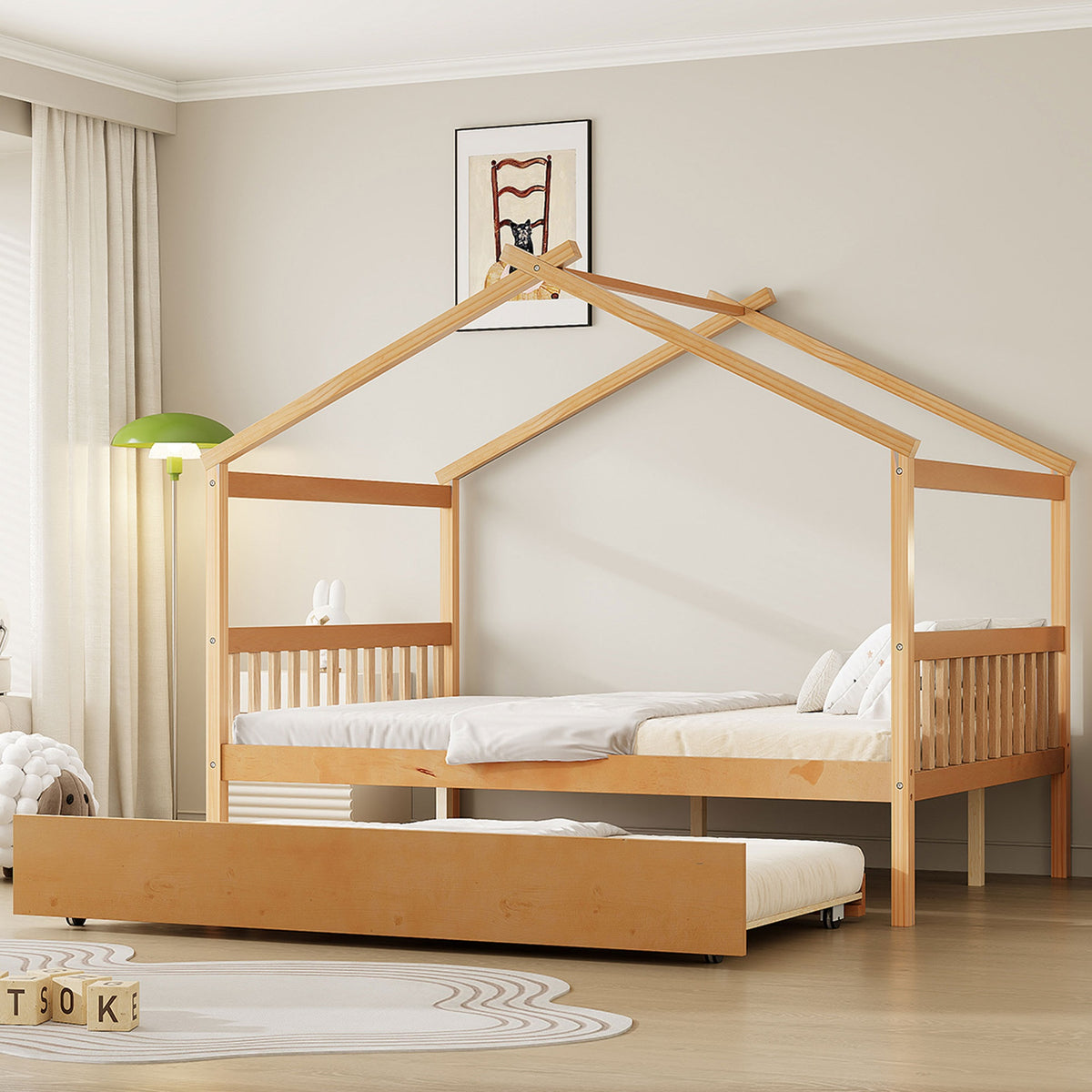 Full Size Wooden House Bed with Twin Size Trundle, , Natural(OLD SKU:LP000305AAN)