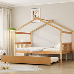 Full Size Wooden House Bed with Twin Size Trundle, , Natural(OLD SKU:LP000305AAN)