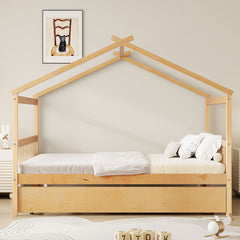 Full Size Wooden House Bed with Twin Size Trundle, , Natural(OLD SKU:LP000305AAN)