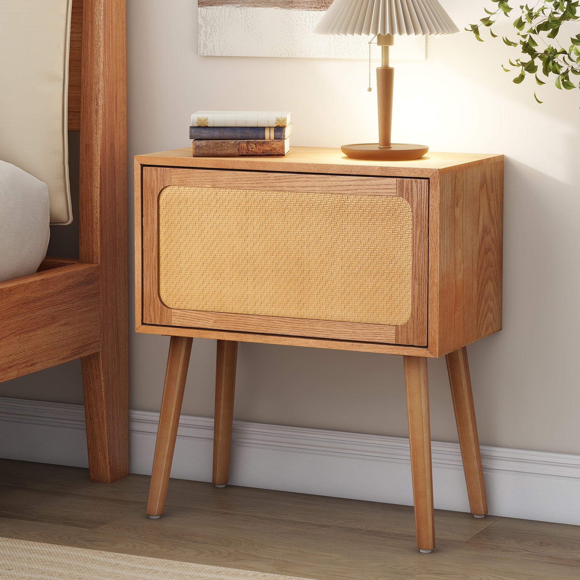 Rotating Hidden Compartment Nightstands, Mid Century Modern Concealment Furniture, Rattan Bed Side Table, Compartment End Table with Wood Legs, Bedside Tables for Bedroom, Living Room, Dorm, Natural