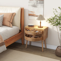 Rotating Hidden Compartment Nightstands, Mid Century Modern Concealment Furniture, Rattan Bed Side Table, Compartment End Table with Wood Legs, Bedside Tables for Bedroom, Living Room, Dorm, Natural