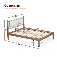 Queen Bed with Woven White Leather back., Natural Wood Frame