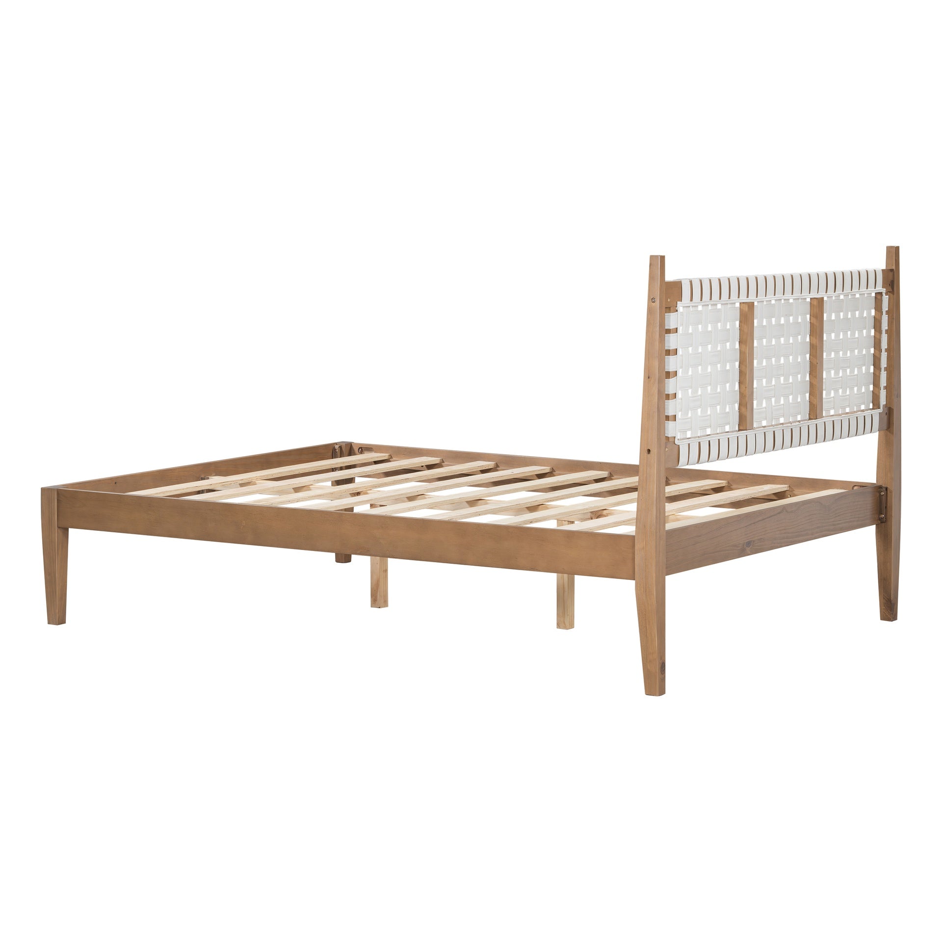 Queen Bed with Woven White Leather back., Natural Wood Frame