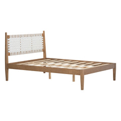 Queen Bed with Woven White Leather back., Natural Wood Frame