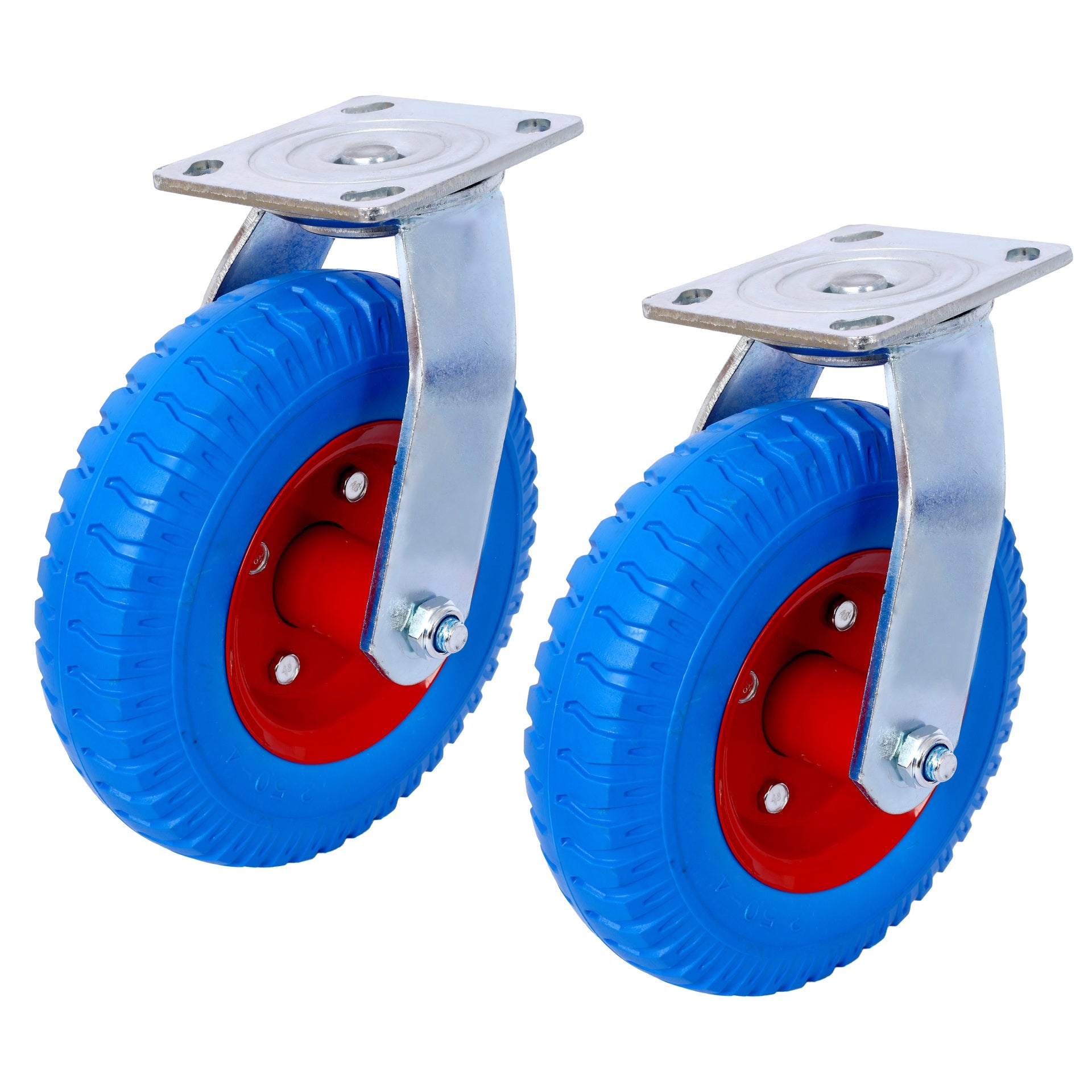 4PCS 8IN CASTER FLAT FREE(2PCS SWIVEL+2PCS RIGID), Caster Wheel, Swivel Plate, Steel Hub with Ball Bearings, 5/8-Inch Bore Centered Axle -Blue