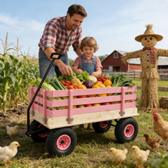 Pink Wooden Kids Pull Wagon with All Terrain Wheels, Heavy Duty Outdoor Garden Cart for Toddlers, Portable Toy Wagon for Beach, Camping & Backyard Play