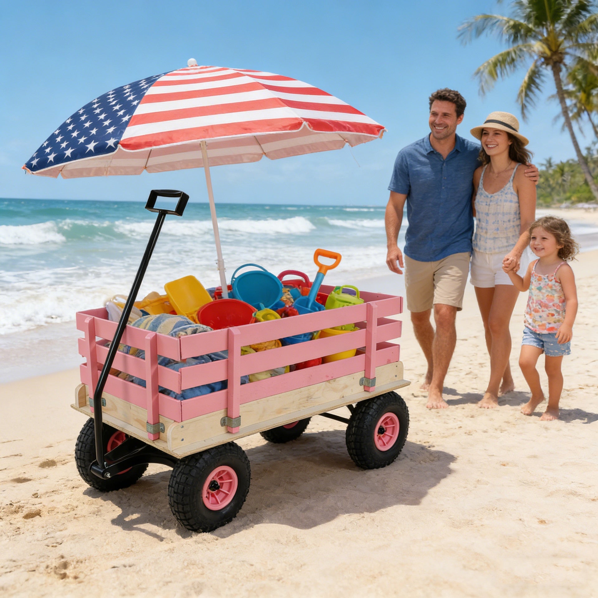 Pink Wooden Kids Pull Wagon with All Terrain Wheels, Heavy Duty Outdoor Garden Cart for Toddlers, Portable Toy Wagon for Beach, Camping & Backyard Play
