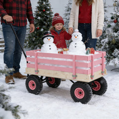 Pink Wooden Kids Pull Wagon with All Terrain Wheels, Heavy Duty Outdoor Garden Cart for Toddlers, Portable Toy Wagon for Beach, Camping & Backyard Play
