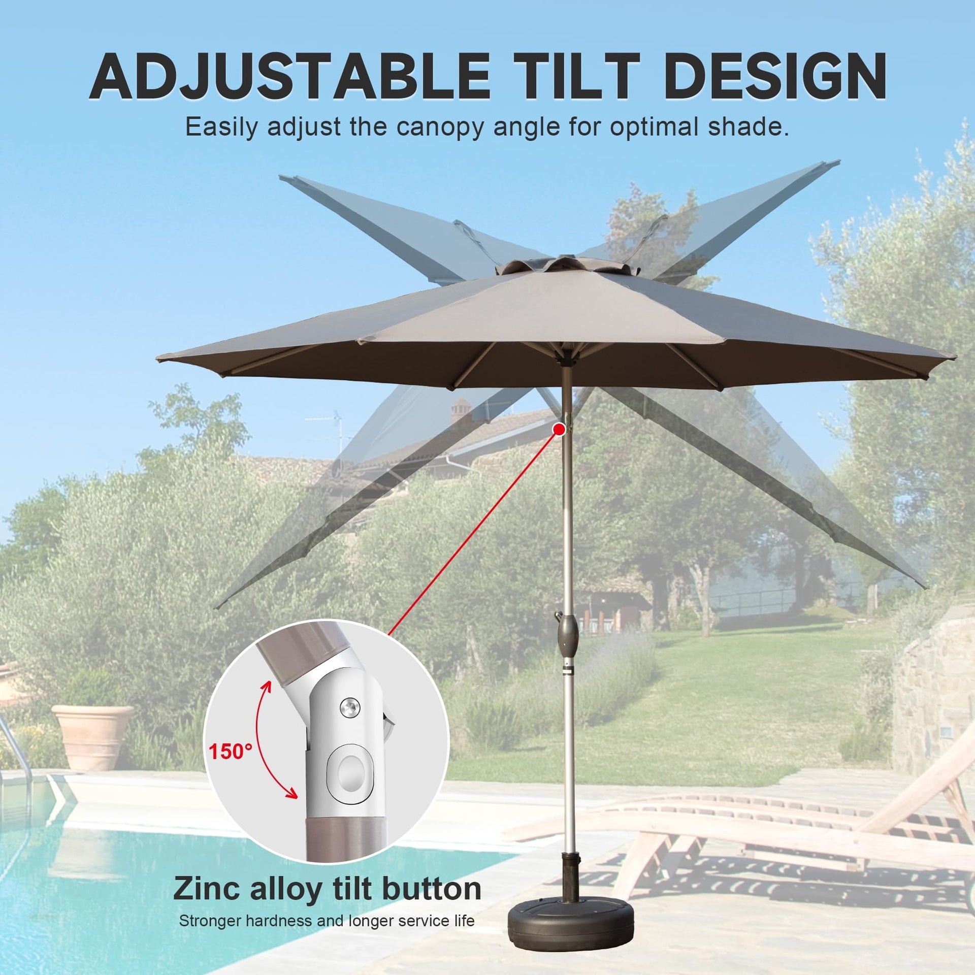 9FT Patio Umbrella, Outdoor Table Umbrella with Push Button Tilt and Crank, UV Protection Waterproof Market Sun Umbrella with 8 Sturdy Ribs for Garden, Deck, Backyard, Pool (Gray)