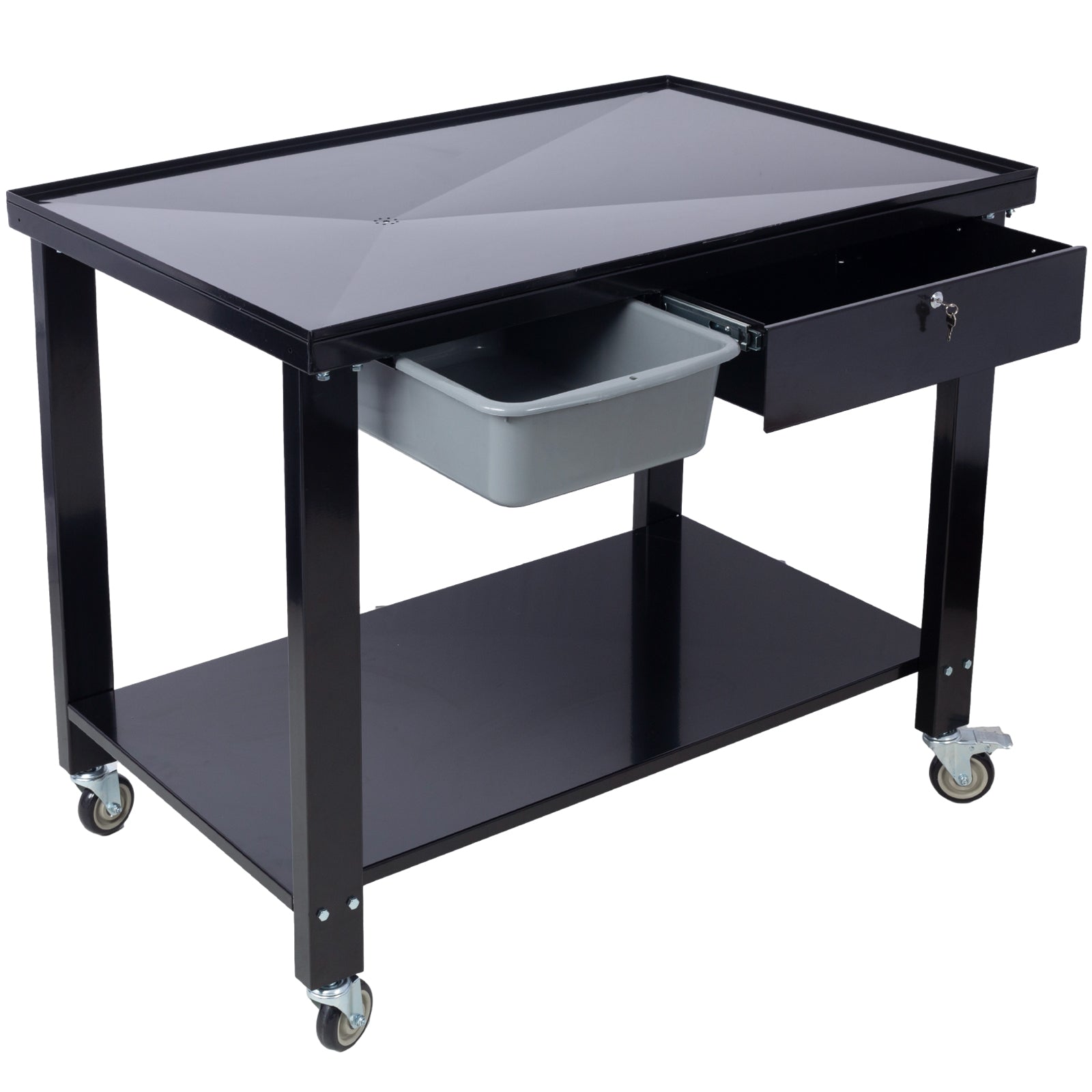 Transmission Teardown Work Station 1/2 Ton Capacity Sloping Drain Table Locking Drawer Removable Drain Basin Full-Width Lower Shelf Four 4-Inch Caster Wheels  black
