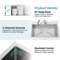 Stainless Steel Kitchen Sink, 27″x19″ Single Bowl, Overmount Handmade Sink in Dark Gray, with US Standard Drain and Hook