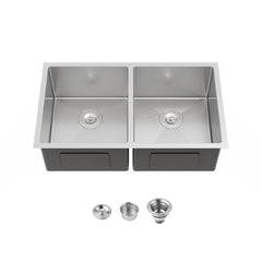 33"x19" Embedded Double Bowl Kitchen Sink, Undermount Handmade Sink in Brushed (Sink only)