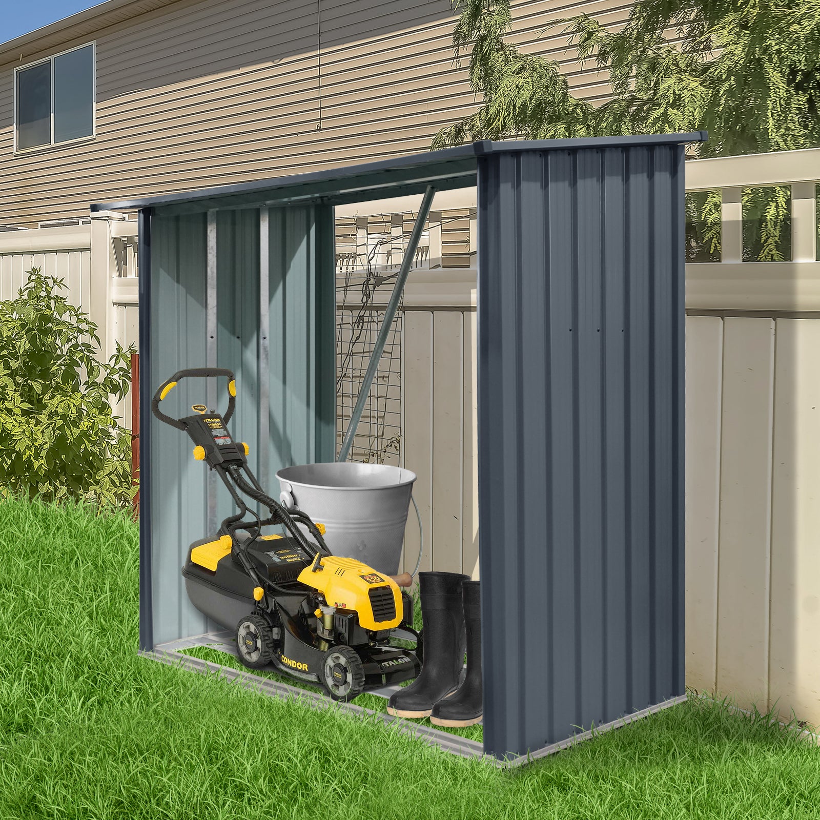 Outdoor Steel Firewood Rack,Open Wood Shed with Sloped Roof for Firewood,Pellet,or Lumber Storage,Black