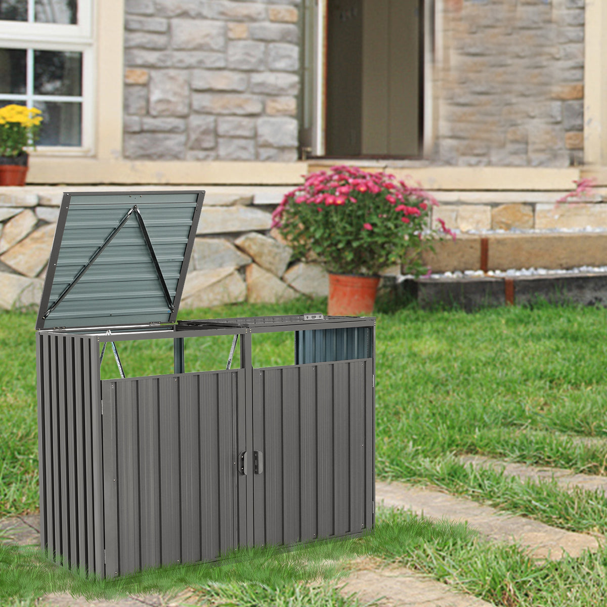 Garbage Bin Shed Stores 2 Trash Cans Metal Outdoor Bin Shed for Garbage Storage,Stainless Galvanized Steel, Bin Shed for Garden Yard Lawn,Grey