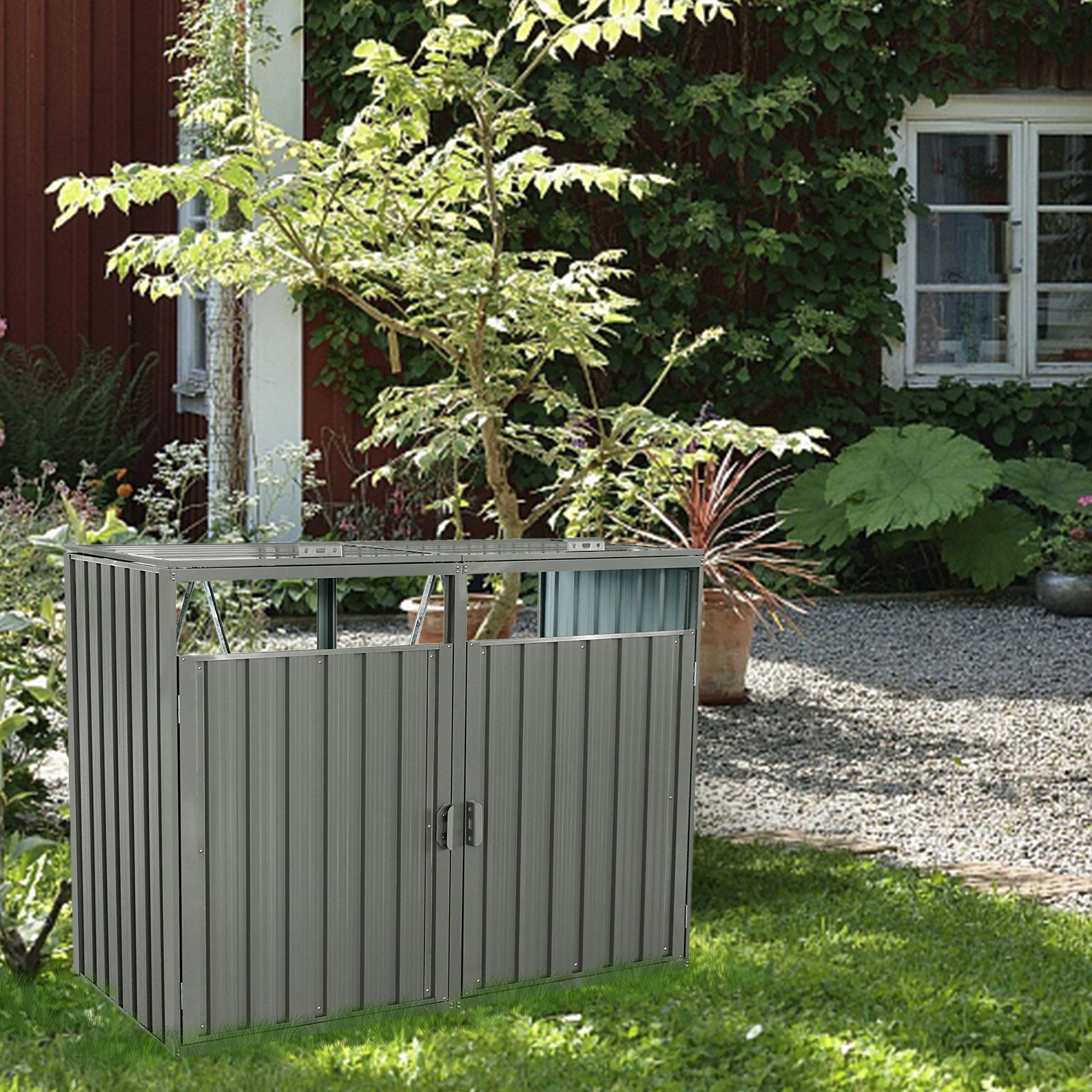 Garbage Bin Shed Stores 2 Trash Cans Metal Outdoor Bin Shed for Garbage Storage,Stainless Galvanized Steel, Bin Shed for Garden Yard Lawn,Grey