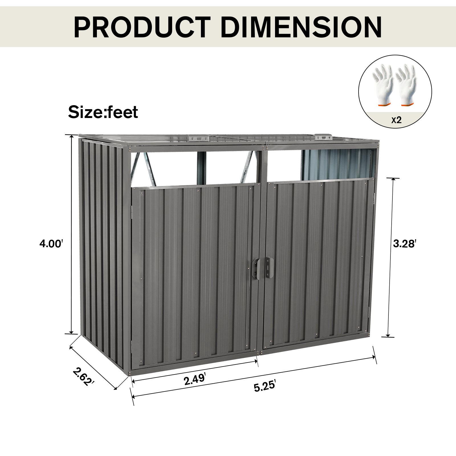 Garbage Bin Shed Stores 2 Trash Cans Metal Outdoor Bin Shed for Garbage Storage,Stainless Galvanized Steel, Bin Shed for Garden Yard Lawn,Grey