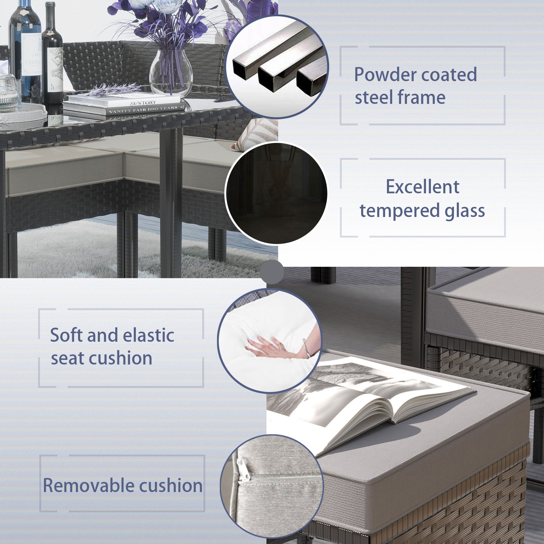 Small space patio furniture 7-piece outdoor furniture set, backyard furniture set, waterproof seat cushion, glass table, space saving, suitable for backyard, terrace or garden,blue,grey