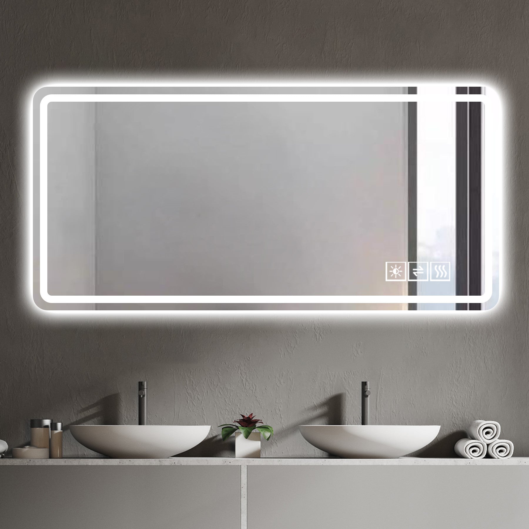 60X28 Inch LED Bathroom Mirror Vanity Mirrors with Front Lights Wall Mounted Anti-Fog Frameless Make Up Mirror with Light 5 mm Silver Mirror Horizontal