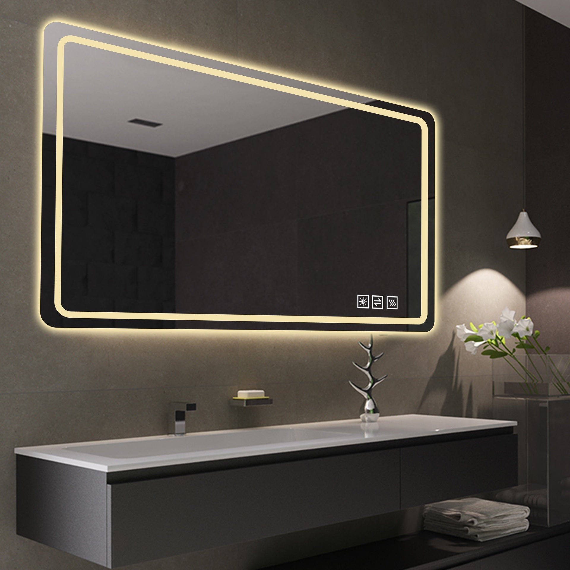 60X28 Inch LED Bathroom Mirror Vanity Mirrors with Front Lights Wall Mounted Anti-Fog Frameless Make Up Mirror with Light 5 mm Silver Mirror Horizontal