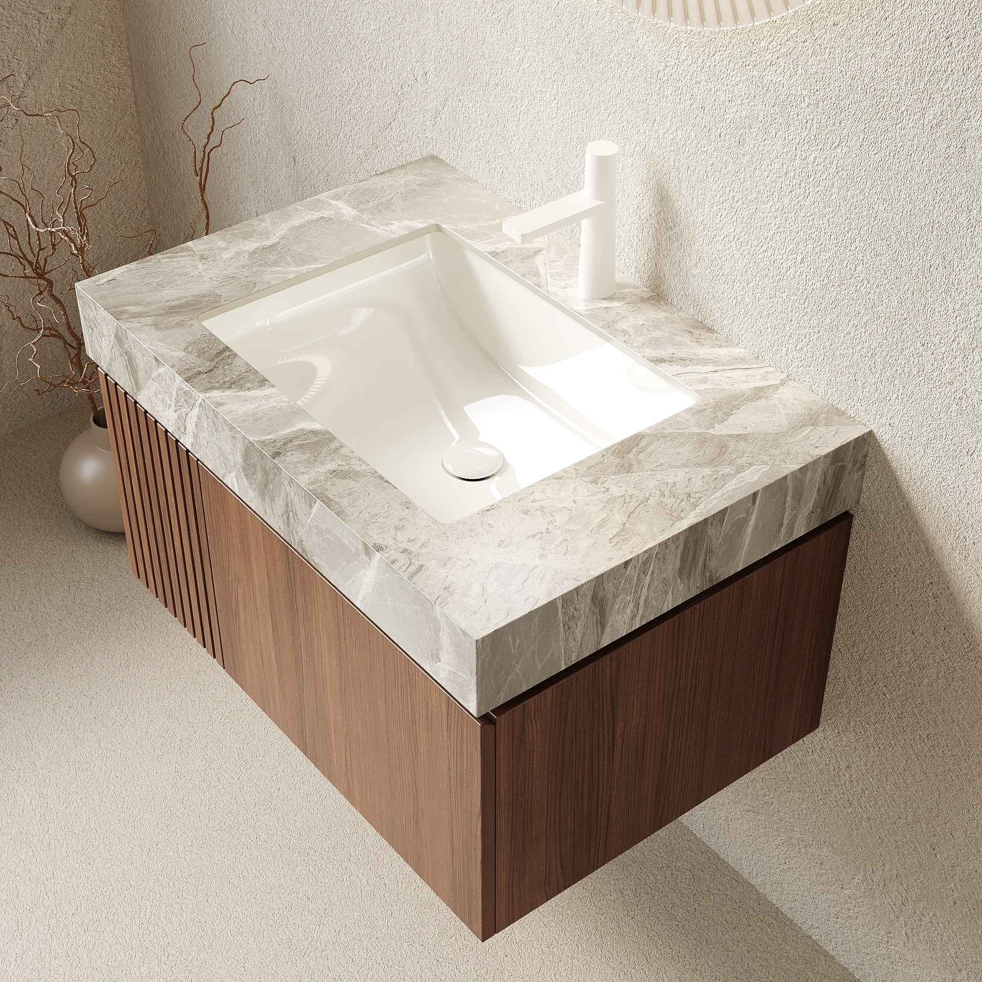 MURI 30" Bathroom Vanity with Sink, Wall-Mounted Plywood Bathroom Storage Cabinet with Drawer and Door, Light Gray Sintered Stone Countertop and Ceramic Basin, Pre-assembled, Brown Oak Woodgrain Color