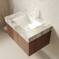 MURI 30" Bathroom Vanity with Sink, Wall-Mounted Plywood Bathroom Storage Cabinet with Drawer and Door, Light Gray Sintered Stone Countertop and Ceramic Basin, Pre-assembled, Brown Oak Woodgrain Color