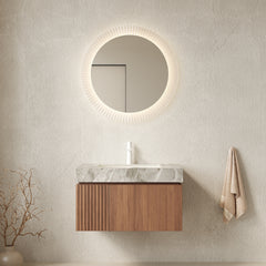MURI 30" Bathroom Vanity with Sink, Wall-Mounted Plywood Bathroom Storage Cabinet with Drawer and Door, Light Gray Sintered Stone Countertop and Ceramic Basin, Pre-assembled, Brown Oak Woodgrain Color