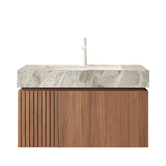 MURI 30" Bathroom Vanity with Sink, Wall-Mounted Plywood Bathroom Storage Cabinet with Drawer and Door, Light Gray Sintered Stone Countertop and Ceramic Basin, Pre-assembled, Brown Oak Woodgrain Color