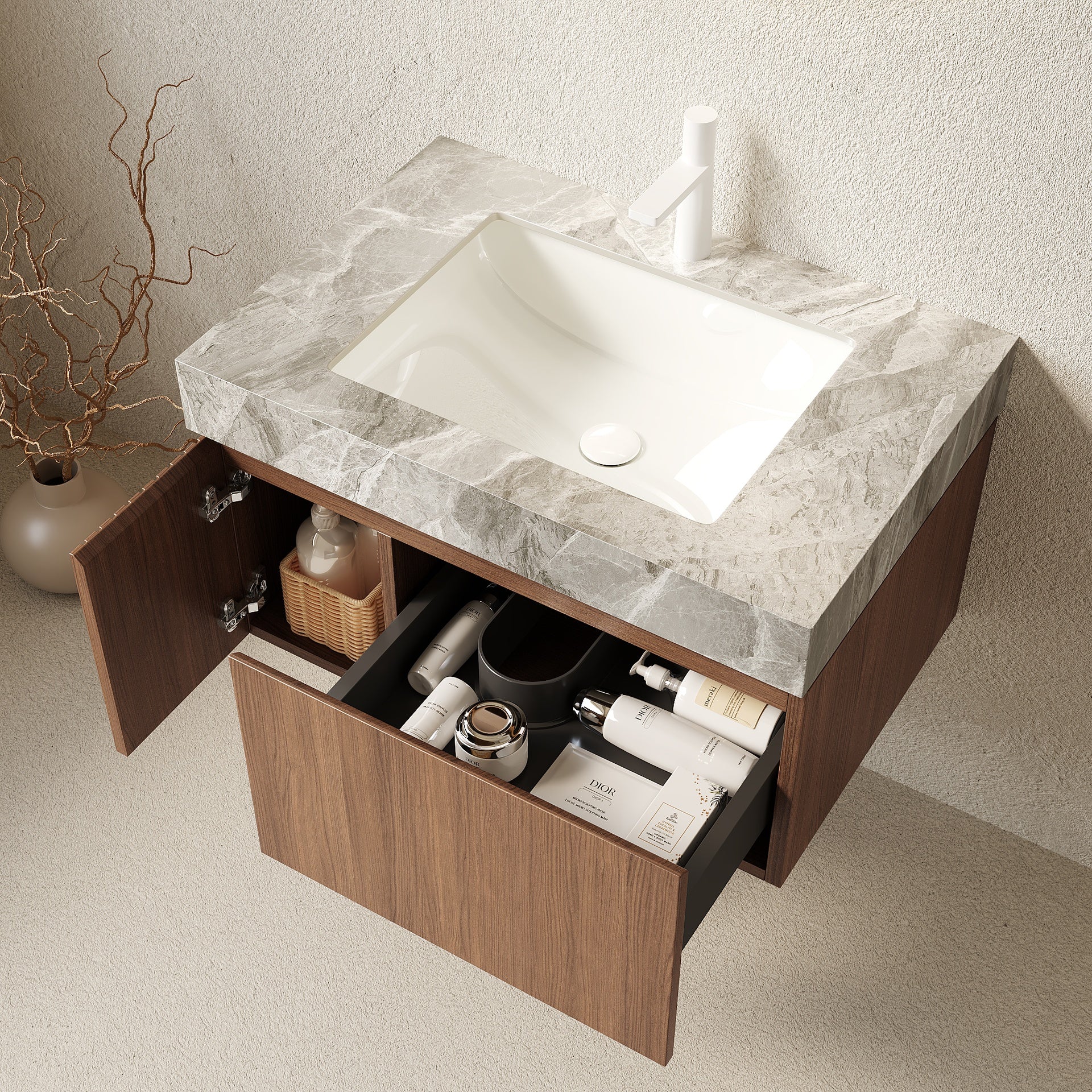 MURI 30" Bathroom Vanity with Sink, Wall-Mounted Plywood Bathroom Storage Cabinet with Drawer and Door, Light Gray Sintered Stone Countertop and Ceramic Basin, Pre-assembled, Brown Oak Woodgrain Color