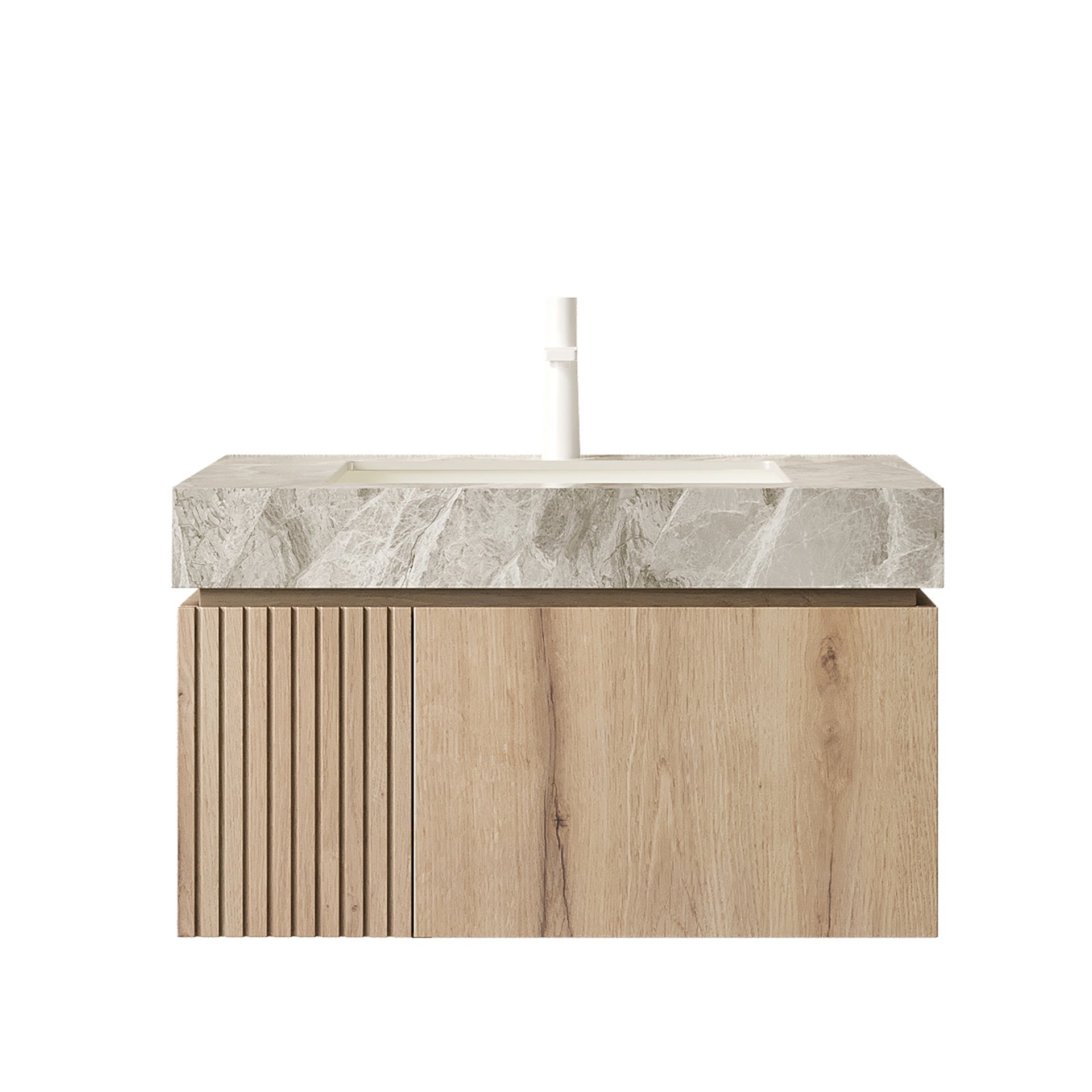 MURI 30" Bathroom Vanity&Sink, Floating Plywood Storage Cabinet with Drawer&Door, Light Gray Sintered Stone Top&Ceramic Basin with 1 Pre-drilled Faucet Hole, Pre-assembled, White Oak Woodgrain Color