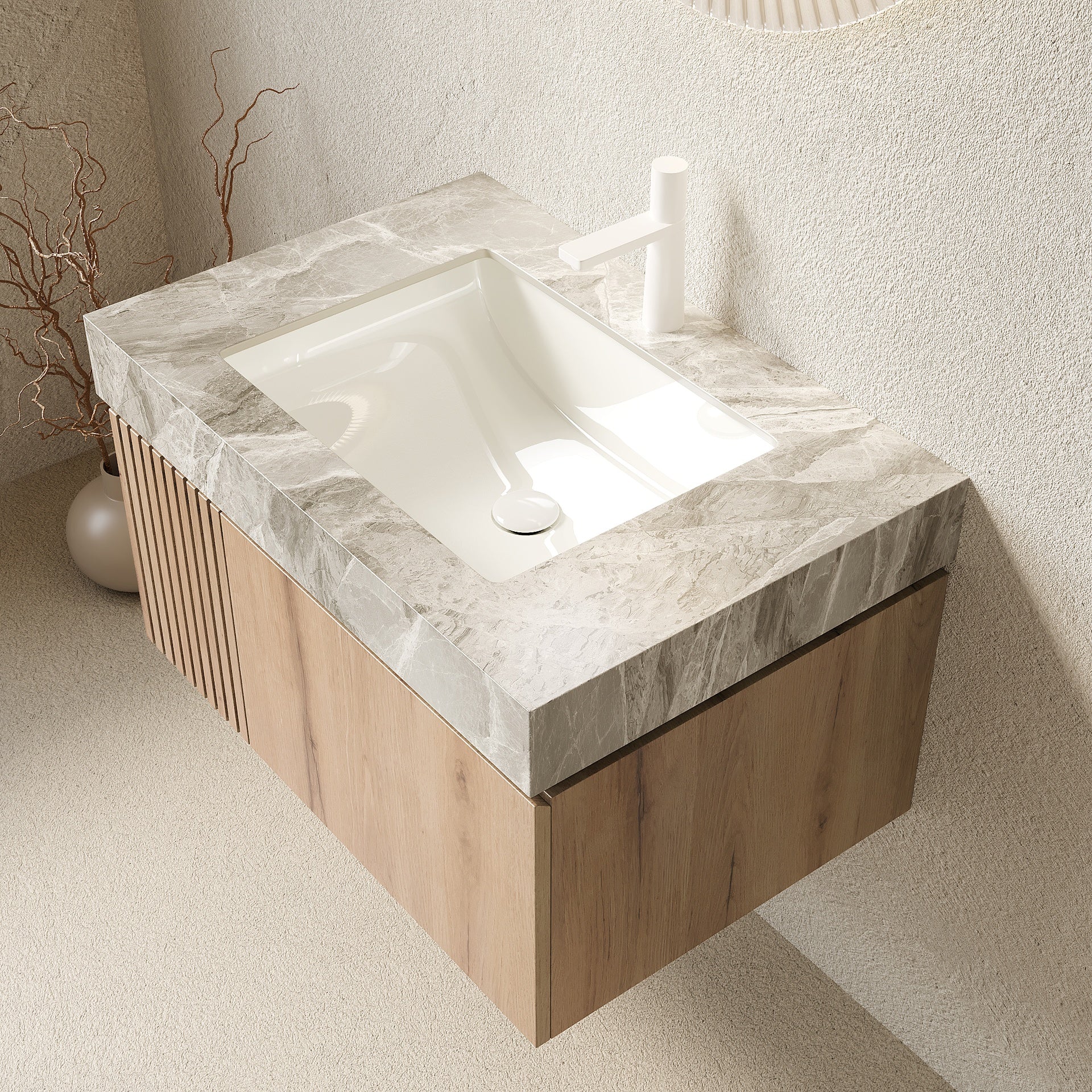 MURI 30" Bathroom Vanity&Sink, Floating Plywood Storage Cabinet with Drawer&Door, Light Gray Sintered Stone Top&Ceramic Basin with 1 Pre-drilled Faucet Hole, Pre-assembled, White Oak Woodgrain Color