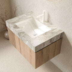 MURI 30" Bathroom Vanity&Sink, Floating Plywood Storage Cabinet with Drawer&Door, Light Gray Sintered Stone Top&Ceramic Basin with 1 Pre-drilled Faucet Hole, Pre-assembled, White Oak Woodgrain Color