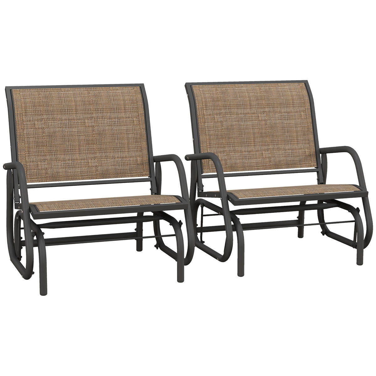 Outsunny Porch Glider Set of 2, Metal Frame Swing Glider Chairs with Breathable Mesh Fabric, Curved Armrests and Steel Frame for Garden, Poolside, Backyard, Balcony, Light Mixed Brown