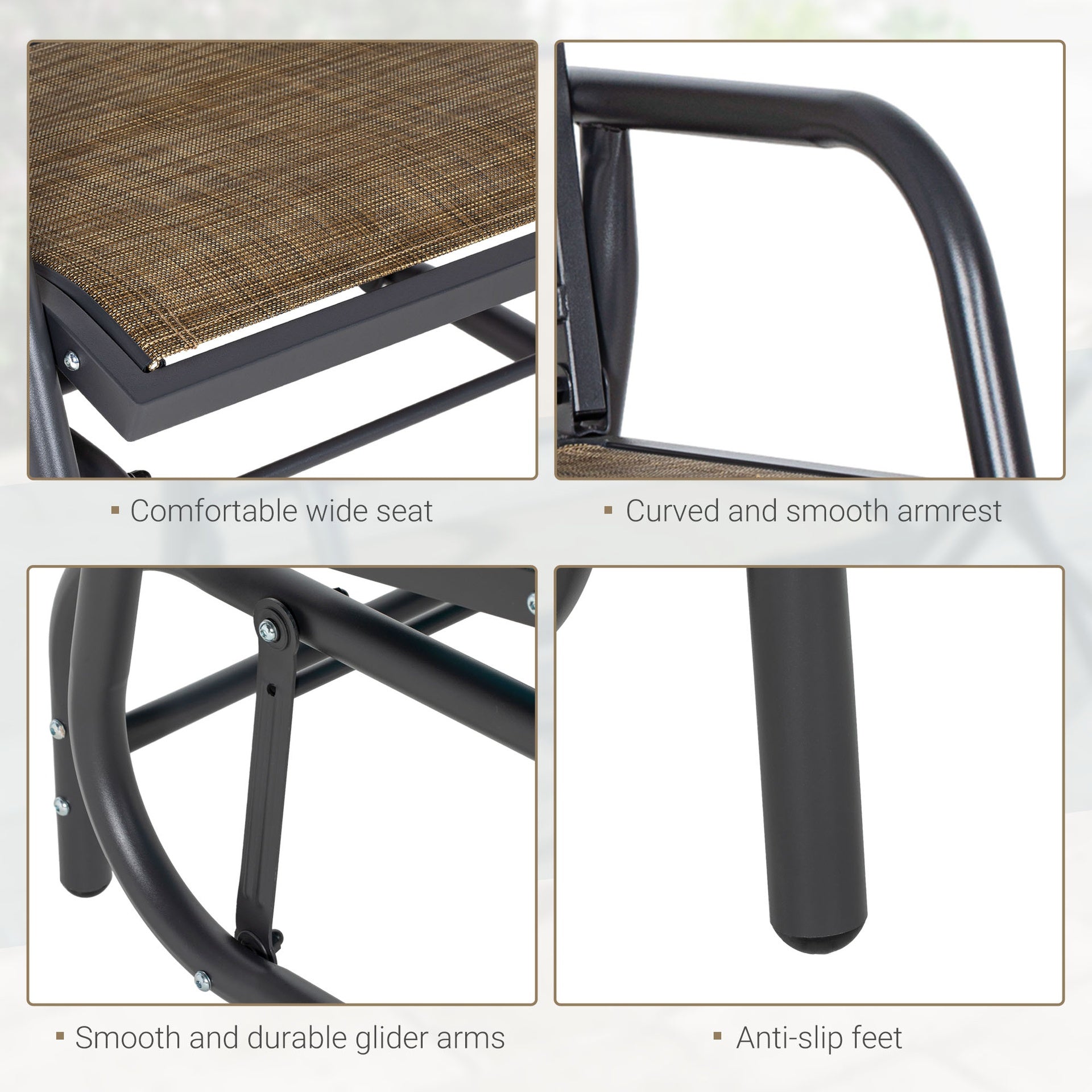 Outsunny Porch Glider, Metal Frame Swing Glider Chair with Breathable Mesh Fabric, Curved Armrests and Steel Frame for Garden, Poolside, Backyard, Balcony, Light Mixed Brown