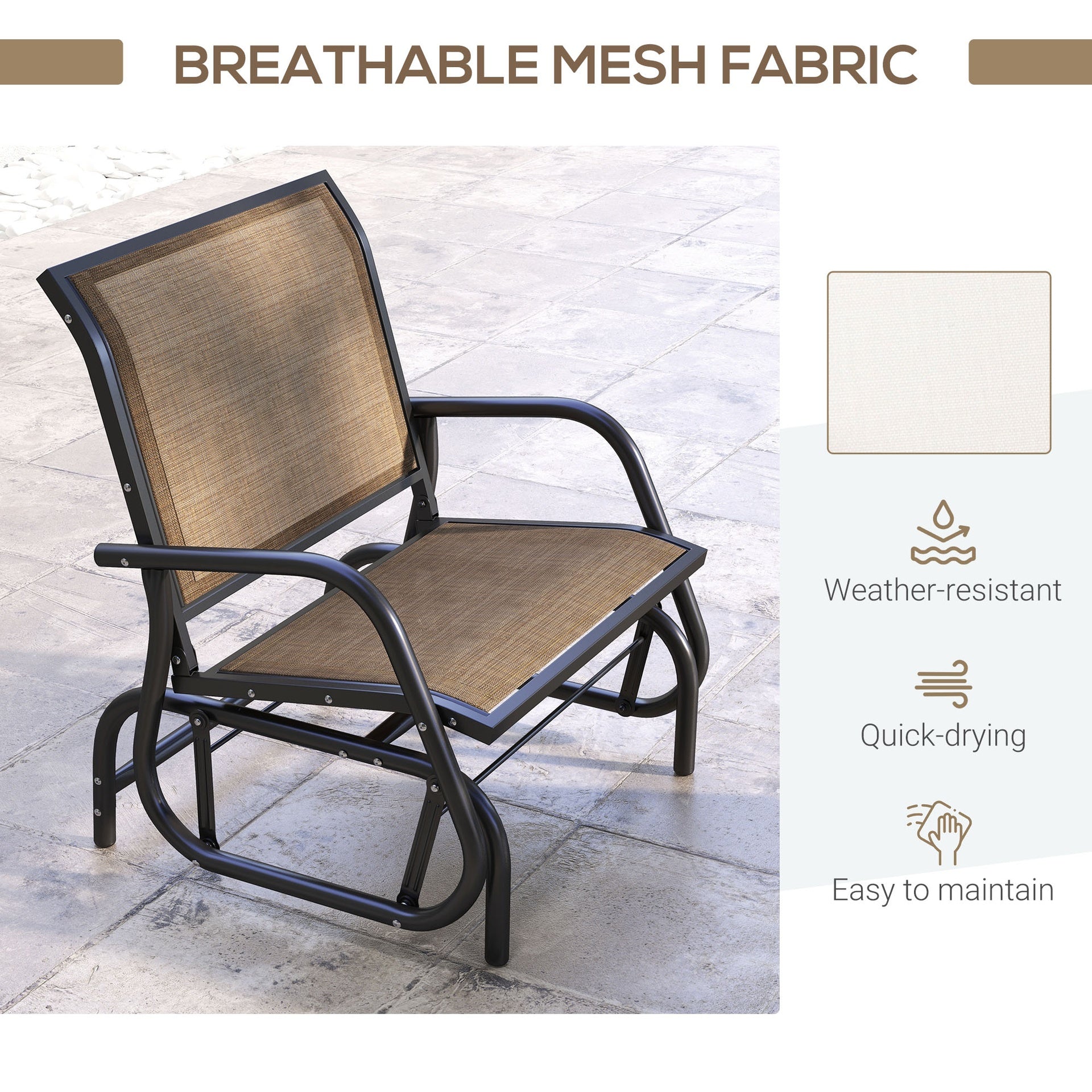 Outsunny Porch Glider, Metal Frame Swing Glider Chair with Breathable Mesh Fabric, Curved Armrests and Steel Frame for Garden, Poolside, Backyard, Balcony, Light Mixed Brown
