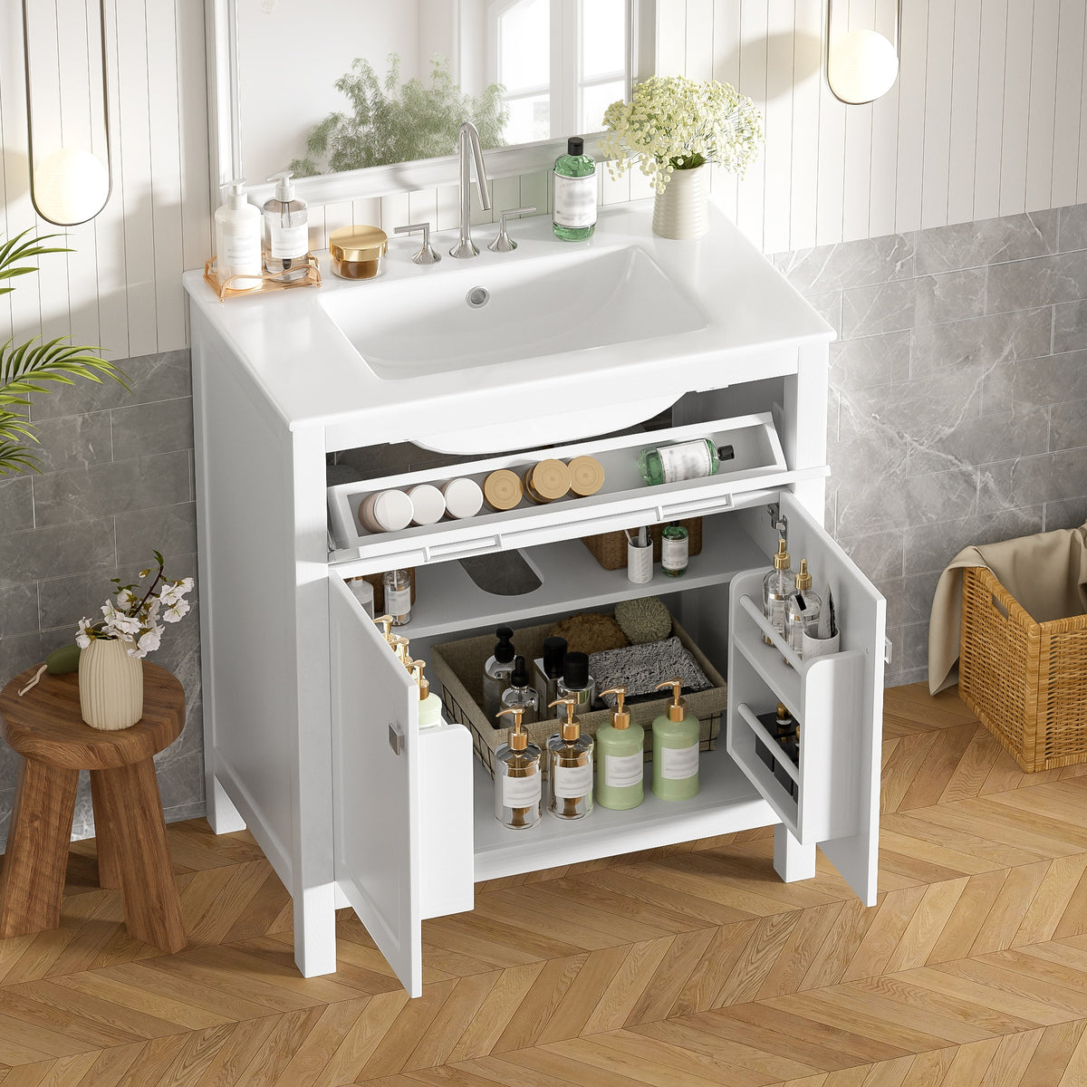 30-inch Bathroom Vanity with Ceramic Sink, Modern White Single Bathroom Cabinet with 2 Doors and a Shelf, Soft Close Doors