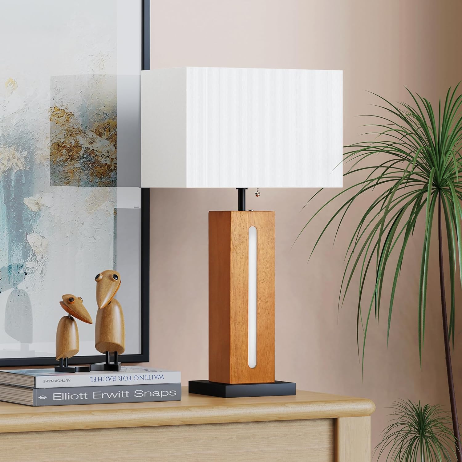 Table Lamps Set Of 2, Modern Dimmable Bedside Lamp With LED Nightlight, Rustic Farmhouse Square Wood Grain Nightstand Lamps With Linen Shades For Living Room Bedroom End Table