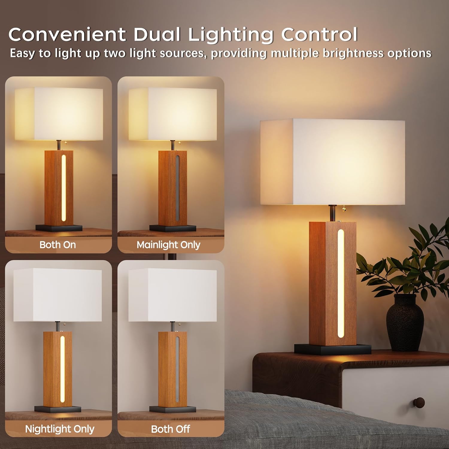 Table Lamps Set Of 2, Modern Dimmable Bedside Lamp With LED Nightlight, Rustic Farmhouse Square Wood Grain Nightstand Lamps With Linen Shades For Living Room Bedroom End Table