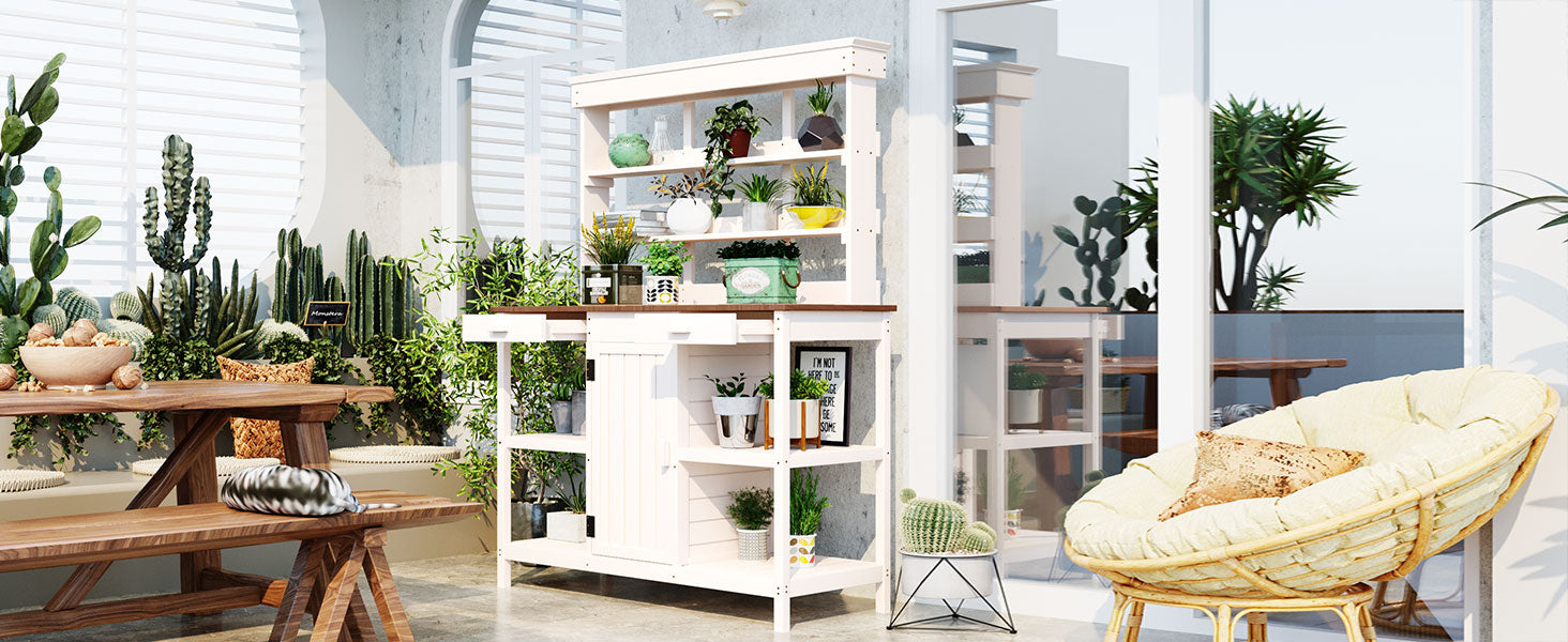 TOPMAX 66" Large Outdoor Farmhouse Wooden Potting Bench Table, Garden Workstation with 2 Drawers, Cabinet and Open Shelves for Backyard, Mudroom, White