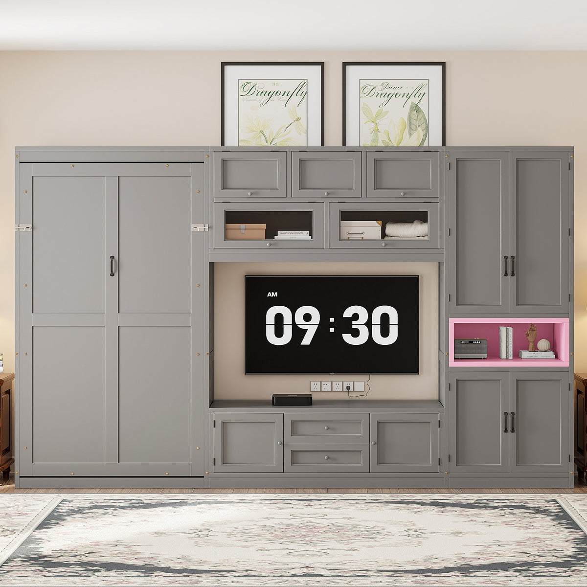 Twin Size Wooden Murphy Bed with TV Stand, 2 Drawers, Shelves, and Cabinets, Gray