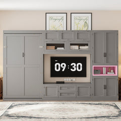 Twin Size Wooden Murphy Bed with TV Stand, 2 Drawers, Shelves, and Cabinets, Gray